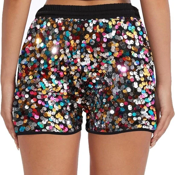 NWOT Sparkling Multicolor Sequin High Waist Shorts - Picture 2 of 7